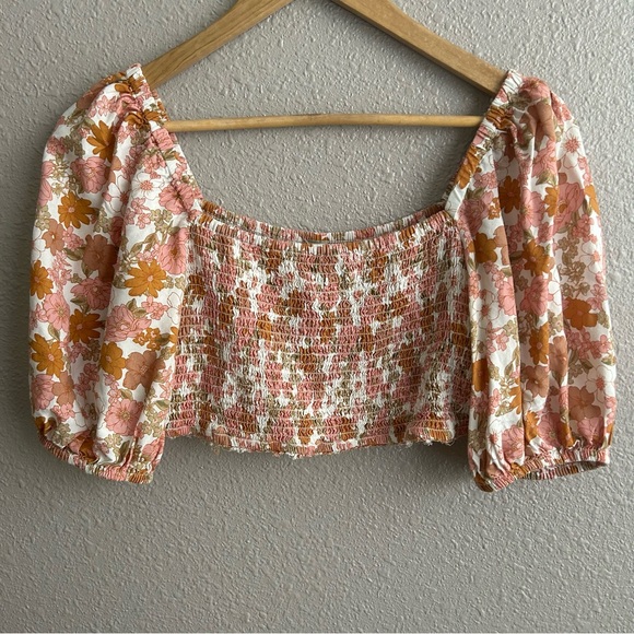 Dizzy Love pink orange floral smocked puff short sleeve boho crop top - Picture 1 of 5